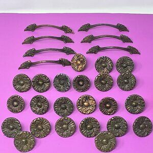 Set Of  Vintage Brass Drawer Knobs & 6 Handles With Ornate Floral Design
